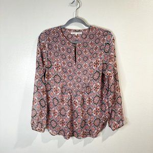 Violet + Claire Mandala Blouse Size Medium M Orange Blue Chiffon Shirt Sheer